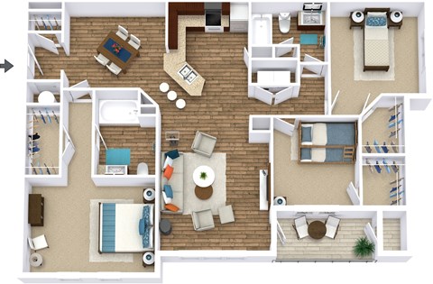 Floor plan for 3 beds, 2 baths, 1350 sqft